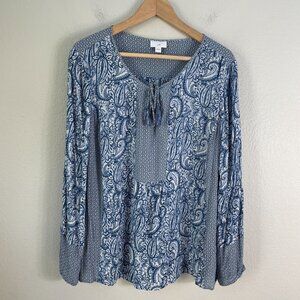 J Jill Womens Large Blue Paisley Long Sleeve Tunic Top Boho Shirt Tassel Tie